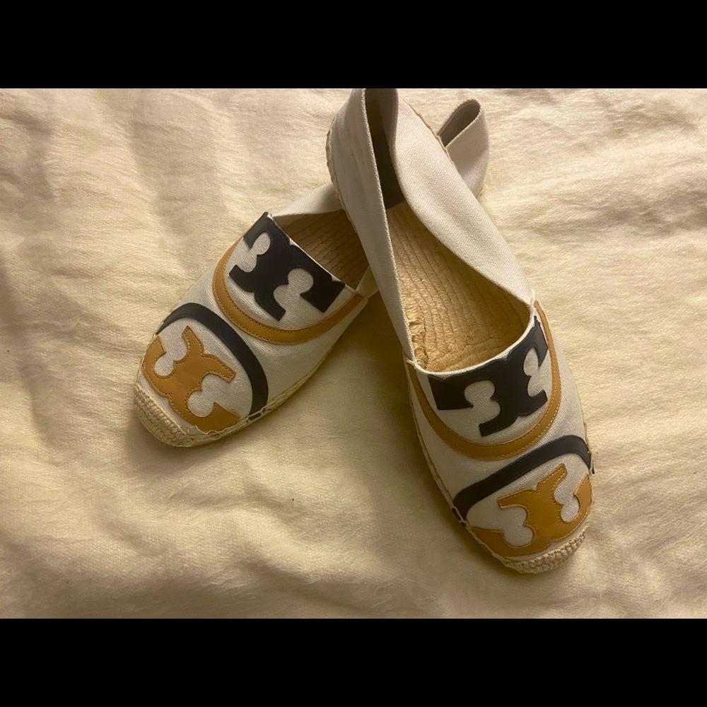 Tory Burch Espadrille Shoe, Blue-Tan-Cream comfortable shoes.